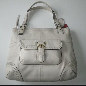 Coach Large Poppy Parchment White Leather Whipstitching with gold tone Hardware